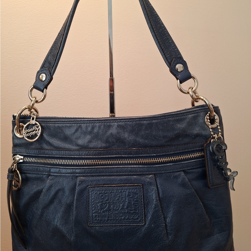 Coach Poppy Navy Blue Shoulder Bag with Silver Hardware